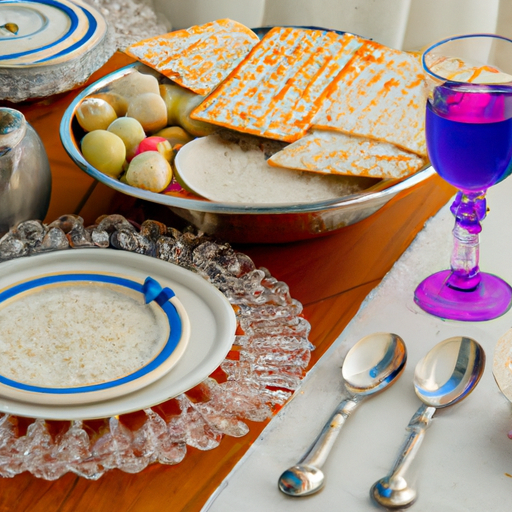 צילום שולחן סדר פסח עם צלחת סדר מסורתית ופריטים נוספים הקשורים לחג