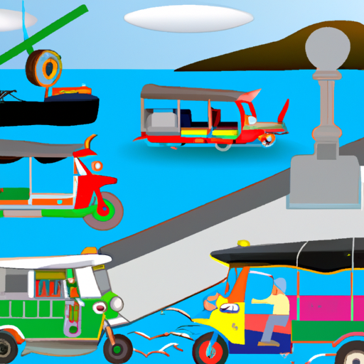 תמונה של אמצעי תחבורה שונים בתאילנד, כולל טוק-טוקים וסירות