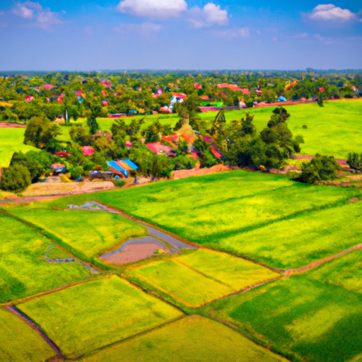 נוף פנורמי של האזור הכפרי של תאילנד המתאר שדות אורז ובתים מסורתיים
