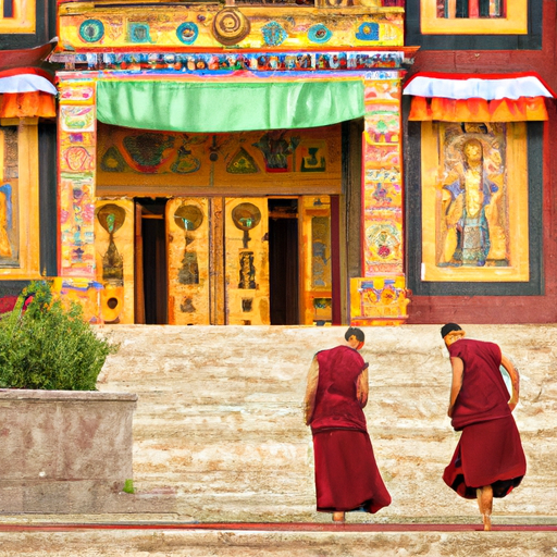 תמונה שלווה של מקדש בודהיסטי עם נזירים בגלימות זעפרן