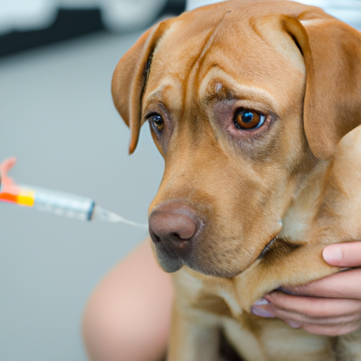 A dog sitting calmly while receiving a needle-free injection